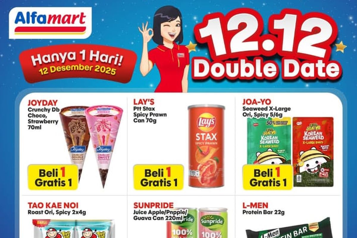 Alfamart, Promo Alfamart Hari Ini 12 Desember 2025, Ada Beli 1 Gratis 1 dan Beli 2 Gratis 1, 1. Double Date 12.12 (hanya hari ini), 2. Biskuit Asyik (hingga 15 Desember), 3. Siap Santap Paling Hemat (hingga 15 Desember), 4. Liquid Milk Fair (hingga 15 Desember), 5. Promo Hematku (hingga 15 Desember), 6. Snackfair (hingga 15 Desember), 7. Kebutuhan Dapur Bunda (hingga 15 Desember), 8. Promo Tebus Murah (hingga 15 Desember 2025), 9. Yoghurt Fair (hingga 15 Desember)
