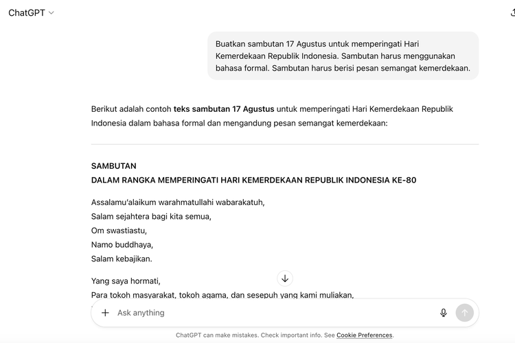 Hari Kemerdekaan, chatGPT, Sambutan 17 Agustus, Cara membuat sambutan 17 Agustus, HUT ke-80 RI, Cara Membuat Sambutan 17 Agustus Otomatis buat Pidato HUT ke-80 RI