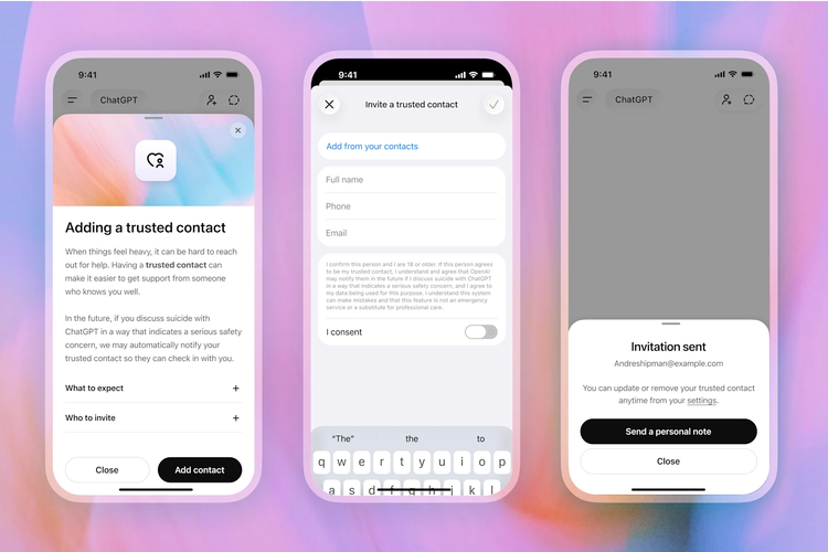 ChatGPT, bunuh diri, OpenAI, Trusted Contact, OpenAI Rilis Trusted Contact, Fitur Penting Jika Ada Tanda Kondisi Mental Serius, Cara kerja Trusted Contact di ChatGPT, Isi chat pengguna tidak dibagikan, Muncul di tengah gugatan kasus bunuh diri, Kontak bantuan