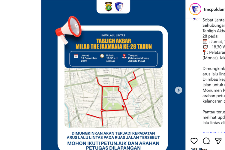 Monas, Tabligh Akbar, Jakmania, Ada Tabligh Akbar Milad The Jakmania ke-28: Polisi Imbau Hindari Kawasan Monas Malam Ini