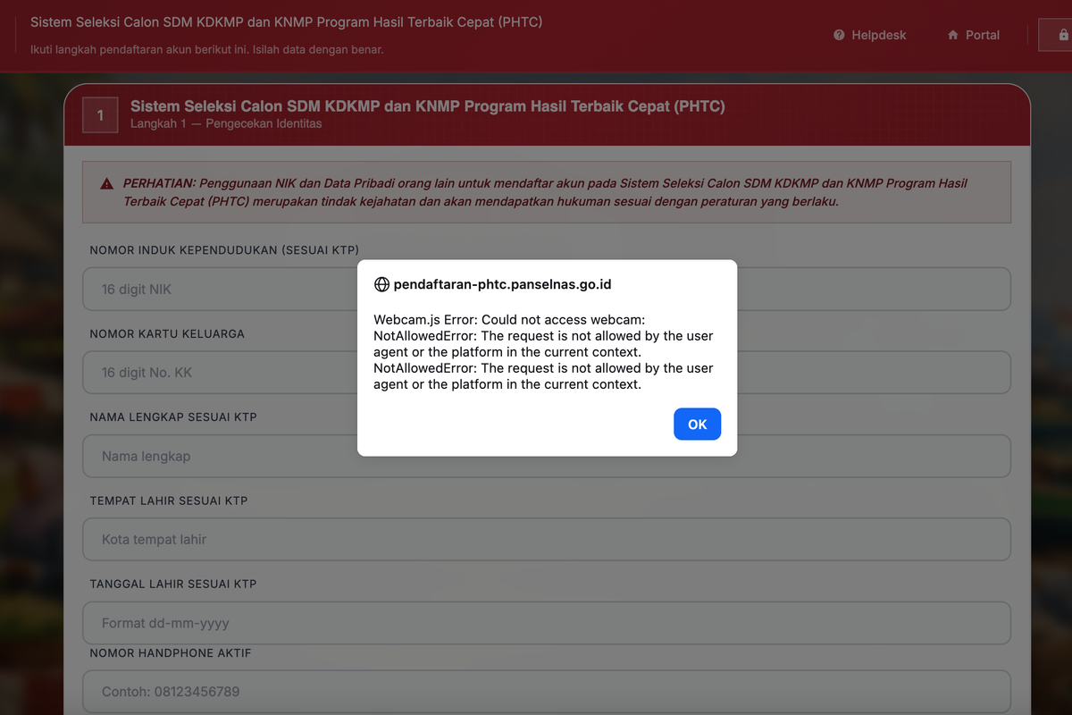 KDMP, KNMP, panselnas, Koperasi Desa Merah Putih, Kampung Nelayan Merah Putih, rekrutmen KDMP, Cara Mengatasi “Webcam.js Error” saat Daftar Rekrutmen Koperasi Desa Merah Putih