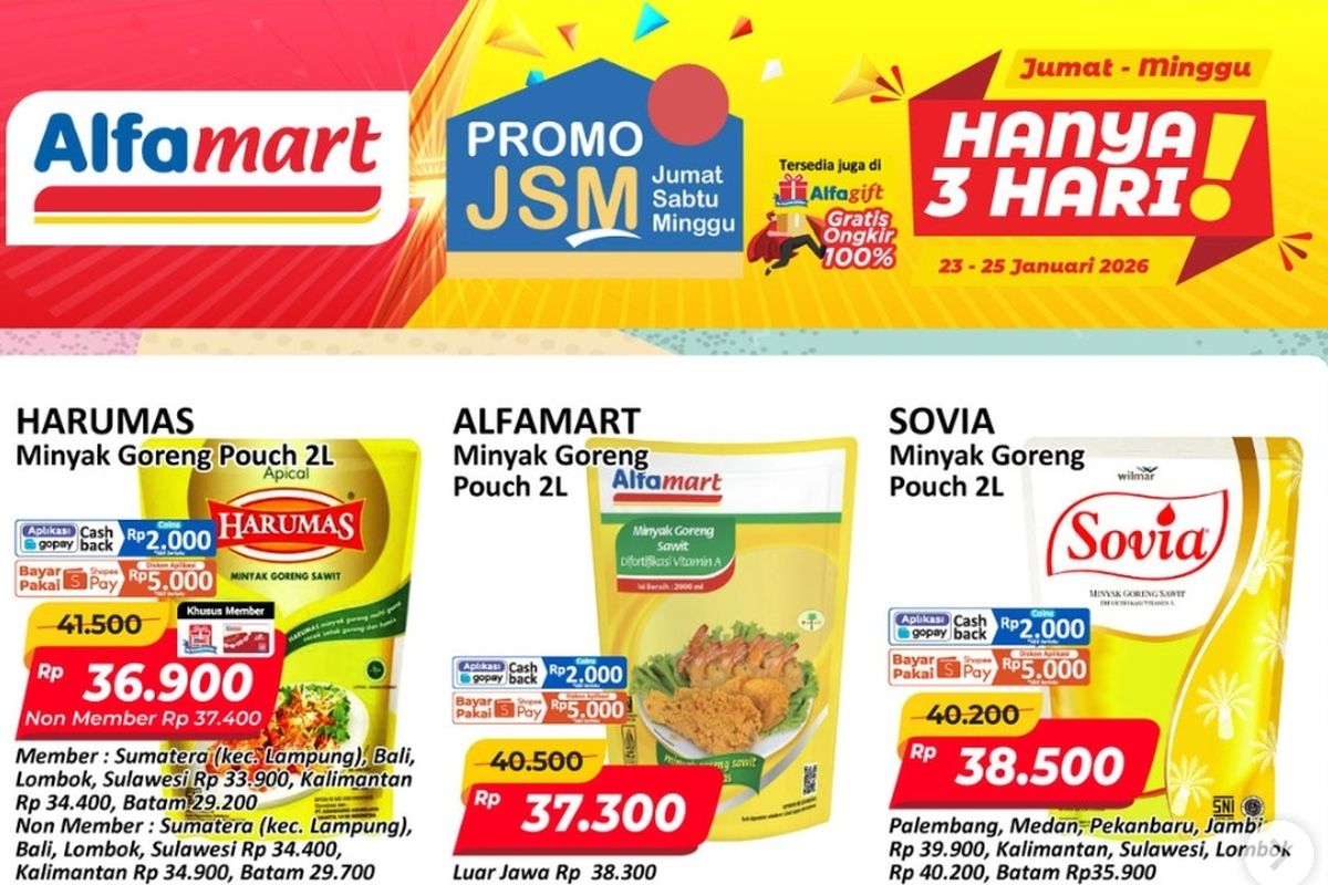 Alfamart, promo Alfamart, Promo Alfamart Hari Ini 24 Januari 2026, Ada Diskon untuk Minyak Goreng 2 Liter, 1. Promo JSM , 2. Baby Foods Fair (hingga 31 Januari), 3. Serba Gratis (hingga 31 Januari), 4. Beverages Fair (hingga 31 Januari), 5. Happy Hour (hingga 31 Januari), 6. Produk Diskon 70 Persen (hingga 31 Januari), 7. Frozen Food Fair (hingga 31 Januari)