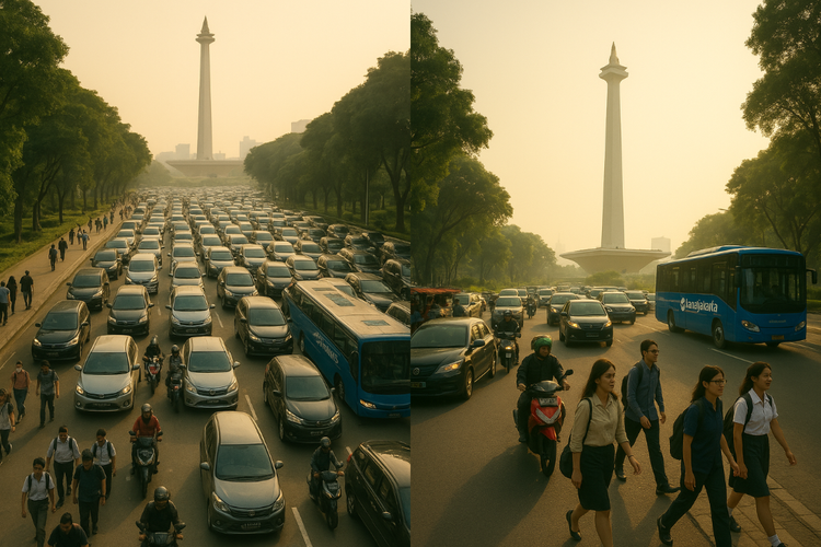 gemini, chatGPT, GPT 5, gemini 2 5 flash, uji coba AI, Jakarta di mata AI, Adu Canggih GPT-5 Vs Gemini 2.5 Flash Menggambar Jakarta, Mana yang Lebih Realistis?, 1. Menggambar Jakarta di jam sibuk pagi hari, 2. Suasana malam hari di sekitar kawasan Bundaran HI, 3. Kota Tua Jakarta dan Ragam Aktivitasnya, 5. Jakarta di masa depan