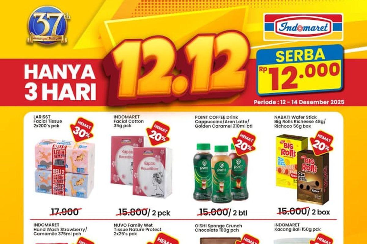 Indomaret, promo Indomaret, Promo Indomaret Hari Ini 12 Desember 2025: Serba Rp 12.000 untuk Kopi dan Kudapan, 1. Promo 4 Hari (hingga 14 Desember), 2. Promo 12.12 atau Serba Rp 12.000, 3. Fresh & Healthy (hingga 15 Desember), 4. Harga spesial (hingga 15 Desember), 5. Purchase with Purchase (hingga 17 Desember), 6. Beli Banyak Lebih Hemat (hingga 24 Desember)