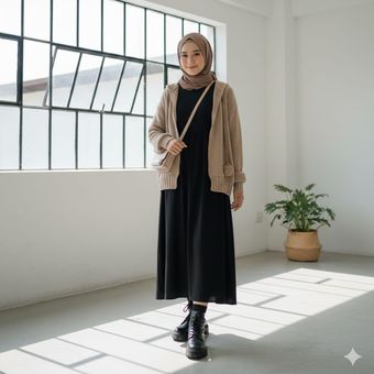 5 Inspirasi Outfit Bukber Serba Coklat yang Hijab Friendly, 1. Perpaduan manis kardigan rajut dan gaun hitam, 2. Tampil "preppy" dengan kardigan kopi dan rok motif plaid, 3. Tampil santai dengan rompi rajut dan sneakers putih, 5. Layering simpel kardigan putih dan rok coklat tua