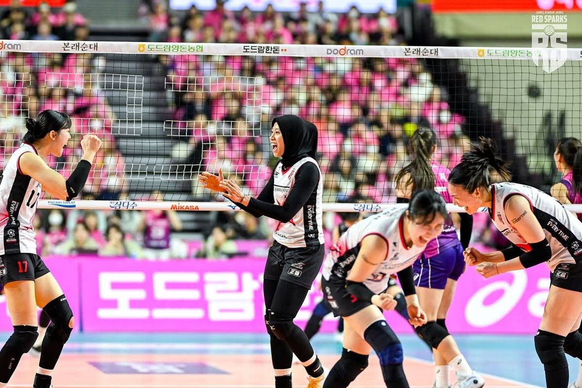 Megawati, Red Sparks, Pink Spiders, final Liga Voli Korea, Daejeon JungKwanJang Red Sparks, Megawati Hangestri, pink spiders, Megawati Hangestri Pertiwi, final liga voli korea, hasil final liga voli korea, Hasil Final Liga Voli Korea: Megawati Lalui Drama 5 Set, Red Sparks Runner Up