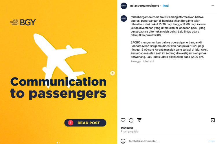 Bandara Bergamo Milan, pria terobos landasan pacu, pria di Bandara Bergamo Milan, insiden Bandara Bergamo Milan, Insiden Pria Terobos Landasan Pacu, Bandara Bergamo Milan sempat Tutup Sementara