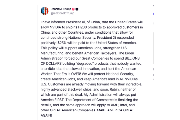 Nvidia, chip AI, China, Donald Trump, Nvidia H200, Chip AI, Nvidia H20, Trump Melunak, Nvidia Boleh Jual Chip AI Canggih ke China Lagi