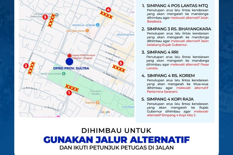 Demo kendari, demo 1 september, Jalur alternatif demo kendari, 4 Jalan di Sekitar Mapolda Sultra Ditutup Sementara, Ini Jalan Alternatifnya