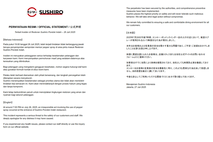 restoran Sushiro, pengunjung Sushiro, Sushiro PIM, Restoran Sushiro PIM, restoran Sushiro PIM, Sushiro gratiskan makanan pengunjung, pepper spray Shushiro, Restoran Sushiro Gratiskan Makanan Pengunjung Usai Insiden Pepper Spray
