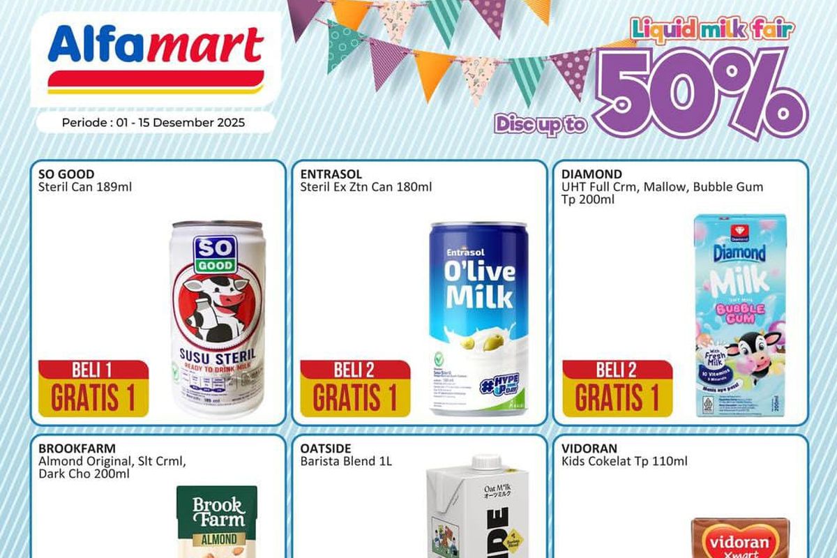 Alfamart, promo alfamart, Promo Alfamart Hari Ini, promo alfamart 11 desember 2025, Promo Alfamart Hari Ini 11 Desember 2025, Susu Cair Diskon hingga 50 Persen, 1. Biskuit Asyik (hingga 15 Desember), 2. Siap Santap Paling Hemat (hingga 15 Desember), 3. Paling Murah Sejagat (hingga 11 Desember), 4. Liquid Milk Fair (hingga 15 Desember), 5. Promo Hematku (hingga 15 Desember), 6. Snackfair (hingga 15 Desember), 7. Kebutuhan Dapur Bunda (hingga 15 Desember), 8. Promo Tebus Murah (berlangsung hingga 15 Desember 2025), 9. Yoghurt Fair (hingga 15 Desember)