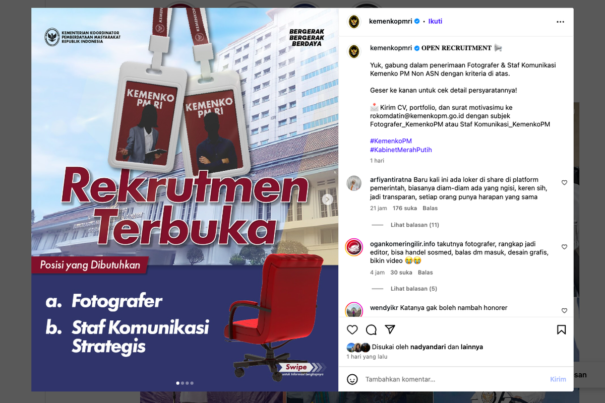 Lowongan kerja Kemenko PM 2025, Rekrutmen fotografer Kemenko PM, Staf komunikasi strategis Kemenko PM, Lowongan kerja pemerintah tanpa batas usia, Syarat melamar Kemenko PM 2025, Cara daftar lowongan Kemenko PM, Deadline lamaran Kemenko PM 30 September, lowongan kerja non asn 2025, Lagi Buka! Lowongan Kerja Kemenko PM 2025 untuk Fotografer & Staf Komunikasi, Tanpa Batasan Usia