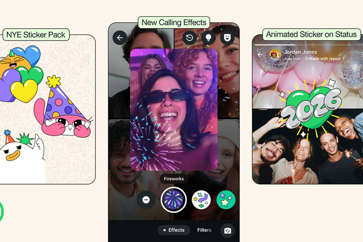 WhatsApp, Tahun Baru, Aplikasi, tahun baru 2026, 4 Fitur Baru WhatsApp Khusus Tahun Baru 2026, Cuma Tersedia Sementara, 1. Paket stiker 2026, 2. Efek di video call, 3. Stiker animasi di Status WA, 4. Reaksi animasi konfeti