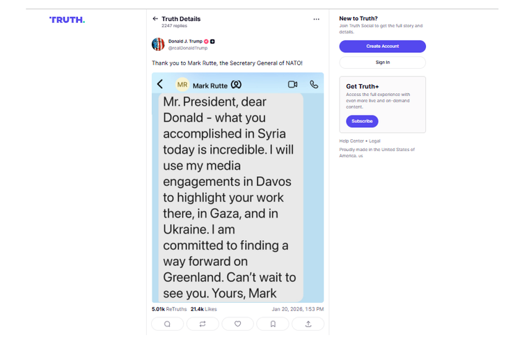 Donald Trump, chat, NATO, Mark Rutte, Truth Social, Trump, diplomasi, media sosial, Presiden Macron, Trump Umbar Chat Pribadinya dengan Presiden Macron dan Sekjen NATO ke Medsos, Bahas Isu Greenland