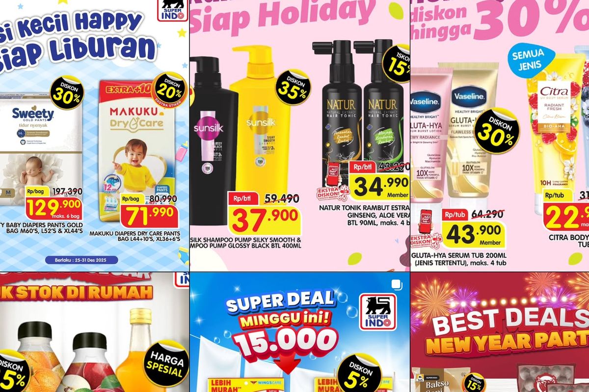 Promo Superindo, Superindo, Promo Superindo Hari Ini 29 Desember 2025, Isian Steamboat Diskon hingga 40 Persen, 1. Party Pack Tahun Baru, 2. Kumpul Makin Seru Sambut Tahun Baru, 3. Dairy Party (hingga 31 Desember), 4. Rambut Slay Siap Holiday, 5. Best Deals New Year Party, 6. Super Deal Minggu Ini (hingga 31 Desember 2025), 7. Holiday Glow