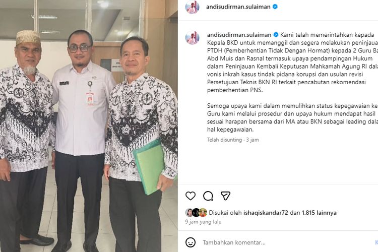 Gubernur Sulsel Andi Sudirman Sulaiman, Prabowo rehabilitasi dua guru honorer Luwu Utara, Kasus guru luwu utara, Prabowo rehabilitasi guru luwu utara, Abdul Muis dan Rasnal, Pernah Tandatangani Pemberhentian, Gubernur Sulsel Kini Tinjau Ulang Nasib 2 Guru Luwu Utara