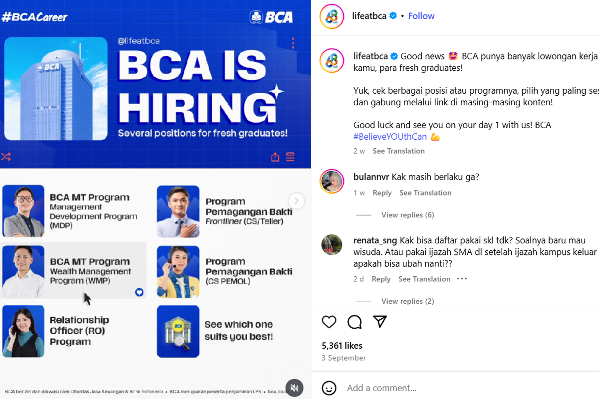 lowongan kerja bca 2025, loker bca lulusan sma, bca management trainee 2025, lowongan relationship officer bca, magang bakti bca 2025, cara daftar kerja di bca, syarat lowongan kerja bca, loker bank September 2025, Lowongan Kerja BCA September 2025: Terbuka untuk Lulusan SMA hingga S2, Cek Posisi dan Deadline Pendaftaran, 1. Program Management Trainee (MDP &amp; WMP), 2. Program Relationship Officer (RO), 3. Magang Bakti (Frontliner Teller &amp; CS), 4. Magang Bakti Digital (CS Pemol)