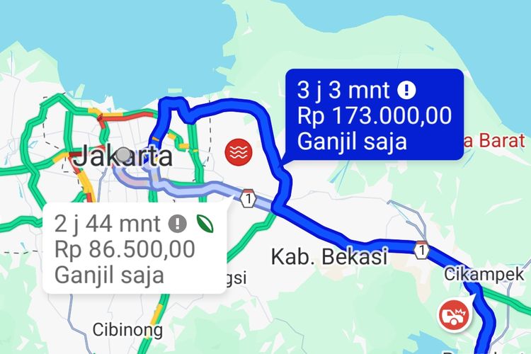 Ilustrasi estimasi tarif tol Jakarta-Bandung di Google Maps