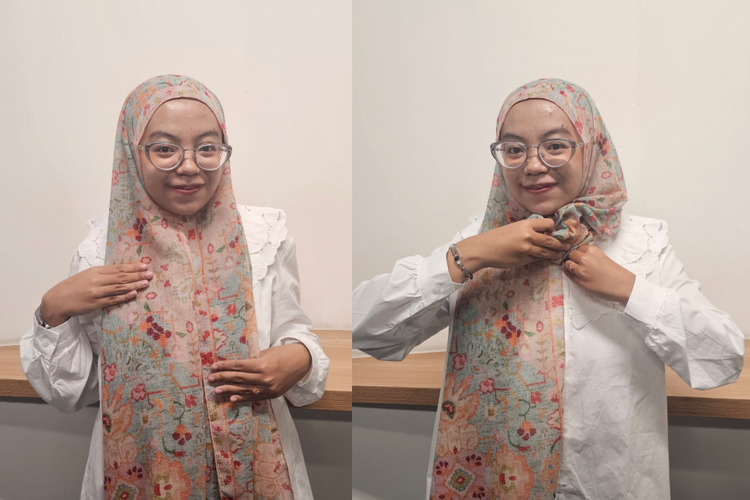 Tutorial Hijab Pashmina Belakang Menjuntai Depan Rapi, Cocok untuk Lebaran, Mulai dengan salah satu sisi lebih panjang, Masukkan sisi pendek ke dalam baju, Lilit sisi panjang ke atas kepala, Rapikan bagian atas dan belakang, Look pashmina belakang menjuntai, depan rapi, Sesuaikan volume sesuai kebutuhan, Pilih motif dan warna yang mendukung