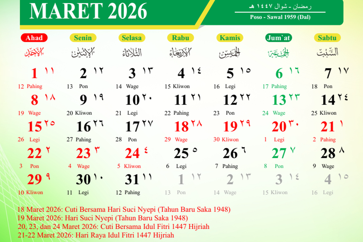 Kalender Maret 2026 Lengkap: Libur Nasional, Cuti Bersama hingga Long Weekend Nyepi dan Lebaran, Bagaimana susunan libur nasional dan cuti bersama di bulan Maret 2026?, Bagaimana dengan jadwal libur sekolah Lebaran 2026?, Kapan jadwal WFA Lebaran 2026 diberlakukan?, Hari besar apa saja yang diperingati sepanjang Maret 2026?