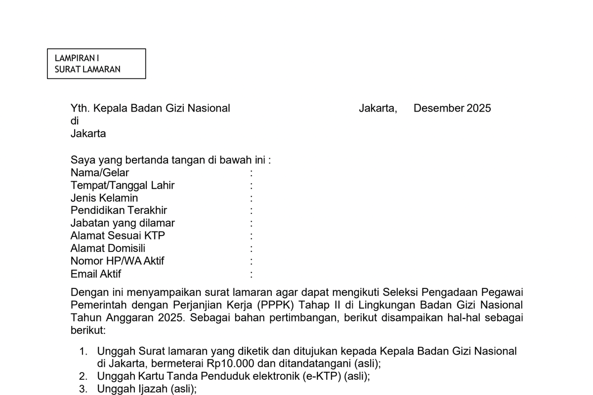 PPPK Badan Gizi Nasional 2025, PPPK Badan Gizi Nasional, pppk badan gizi nasional, pendaftaran pppk badan gizi nasional, cara daftar pppk bgn, cara daftar pppk bgn 2025, syarat daftar PPPK Badan Gizi Nasional, Link Download Format Surat Lamaran dan Pernyataan Daftar PPPK Badan Gizi Nasional 2025