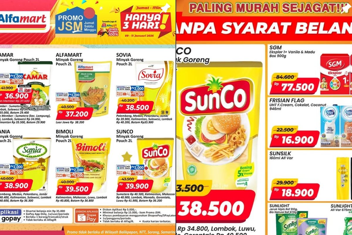 Alfamart, promo Alfamart, Promo Alfamart Hari Ini 11 Januari 2026, Masih Ada Minyak Goreng Harga Diskon di Promo JSM, 1. Promo JSM (hari ini terakhir), 2. Promo JSM Spesial, 3. Liquid Milk Fair (hingga 15 Januari), 4. Paling Murah Sejagat (hingga 15 Januari), 5. Carnaval Ice Cream (hingga 15 Januari), 6. Dunia Bunda &amp; Si Kecil (hingga 15 Januari), 7. Cemilan Hemat (hingga 15 Januari), 8. Kebutuhan Dapur Bunda (hingga 15 Januari)