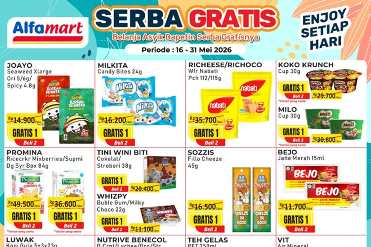 Promo JSM Alfamart Hari Ini 5 Juni 2026, Susu Anak Berbagai Merk Diskon Rp 15.000, Promo JSM (5-7 Juni 2026), Minuman segar (1-15 Juni 2026), Camilan hemat (1-15 juni 2026), Murah banget (7-11 Juni 2026), Frozen food (1-15 Juni 2026)