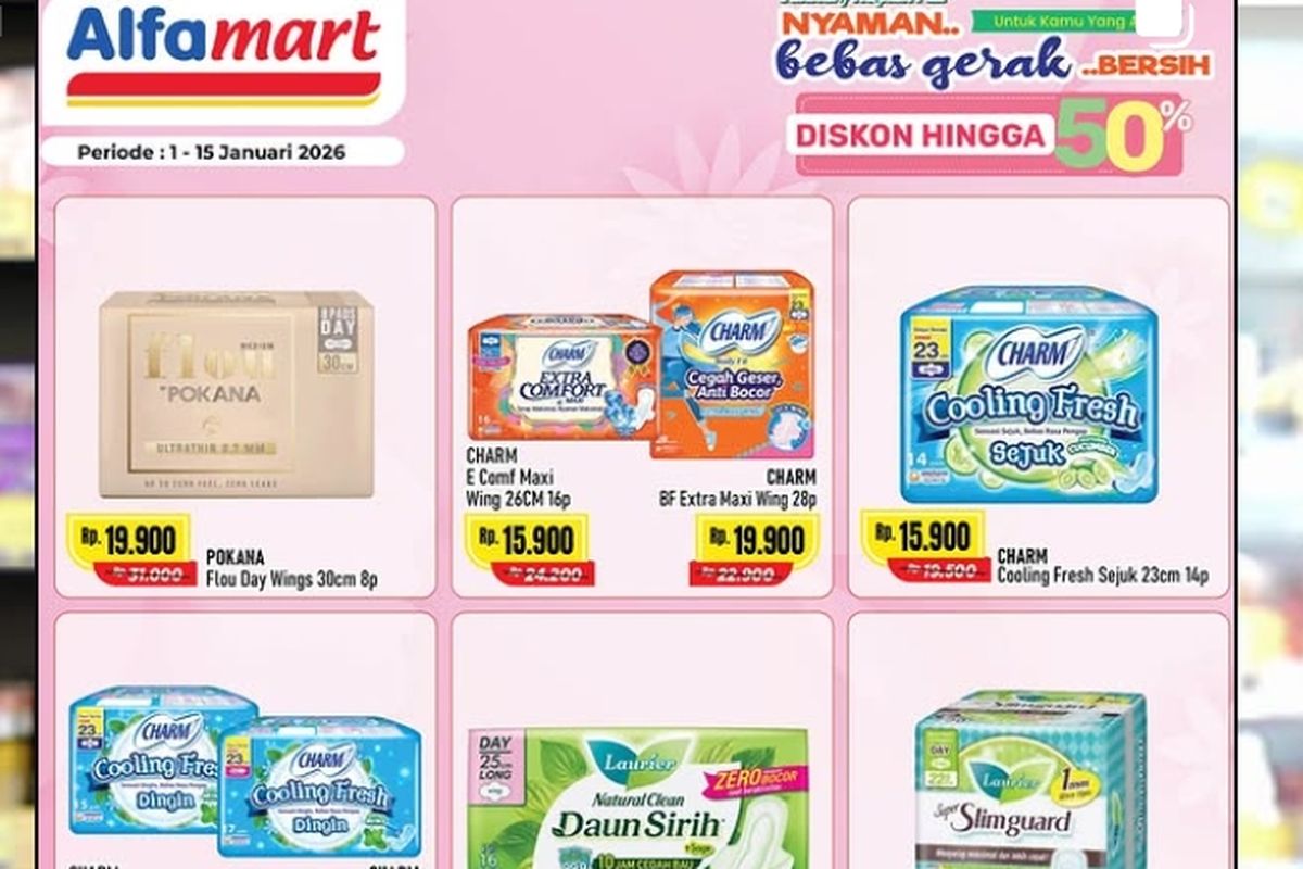 Alfamart, promo Alfamart, Promo Alfamart Hari Ini 14 Januari 2026, Kebutuhan Wanita Diskon hingga 50 Persen, 1. Nyaman Bebas Gerak (hingga 15 Januari), 2. Tambah Sedikit Dapat Banyak (hingga 15 Januari), 3. Coffee Fair (hingga 15 Januari), 4. Frozen Food Fair (hingga 15 Januari), 5. Liquid Milk Fair (hingga 15 Januari), 6. Paling Murah Sejagat (hingga 15 Januari), 7. Carnaval Ice Cream (hingga 15 Januari), 8. Dunia Bunda &amp; Si Kecil (hingga 15 Januari), 9. Cemilan Hemat (hingga 15 Januari), 10. Kebutuhan Dapur Bunda (hingga 15 Januari)