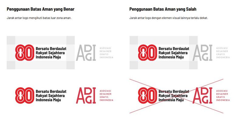HUT ke-80 RI, logo HUT ke-80 RI, aturan logo HUT ke-80 RI, Perhatikan Aturan Penggunaan Logo HUT ke-80 RI, Ini Contoh yang Salah, 1. Aturan zona aman pada logo HUT ke-80 RI, 2. Aturan orientasi, warna, dan komposisi logo HUT ke-80 RI, 3. Aturan tipografi logo HUT ke-80 RI, 4. Aturan Penggunaan elemen grafis logo HUT ke-80 RI