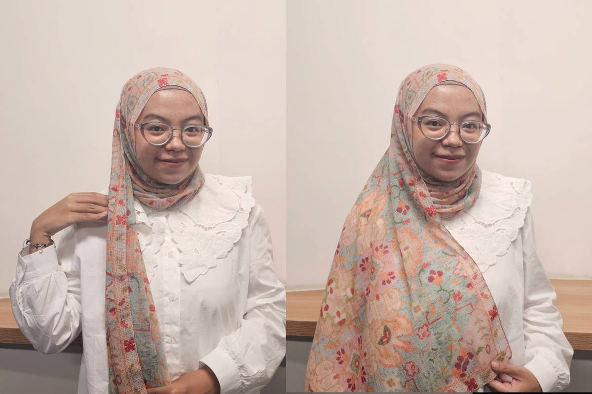 Tutorial Hijab Pashmina untuk Lebaran 2026, Cocok buat Wajah Bulat, 1. Letakkan pashmina dengan satu sisi lebih panjang, 2. Ambil sisi pendek dan tarik ke atas kepala, 3. Ambil sisi panjang dan tarik ke arah berlawanan, 4. Biarkan ujung kain jatuh ke depan