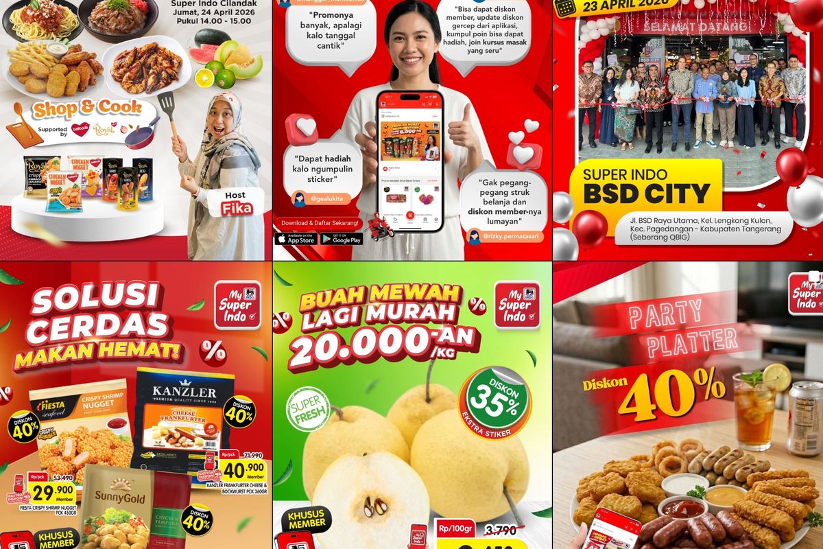 Promo Superindo Hari Ini 9 Mei 2026, Minyak Goreng Harga Hemat Cuma Rp 34.290, Sembako hemat ( sd 13 Mei 2026), Cuma hari ini (9 Mei 2026), Makanan minuman murah (8-13 Mei 2026), Camilan ( 7-13 Mei 2026)