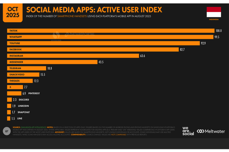 Indonesia, media sosial, medsos, Medsos terpopuler, 10 Media Sosial Terpopuler di Indonesia 2025, TikTok dan WhatsApp Mendominasi