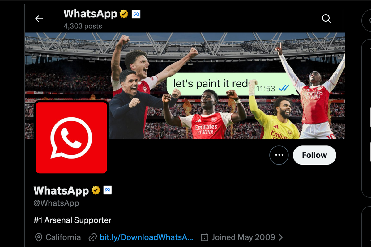 Arsenal, WhatsApp, Liga Inggris, Arsenal Juara Liga Inggris, Akun Resmi WhatsApp Berubah Merah