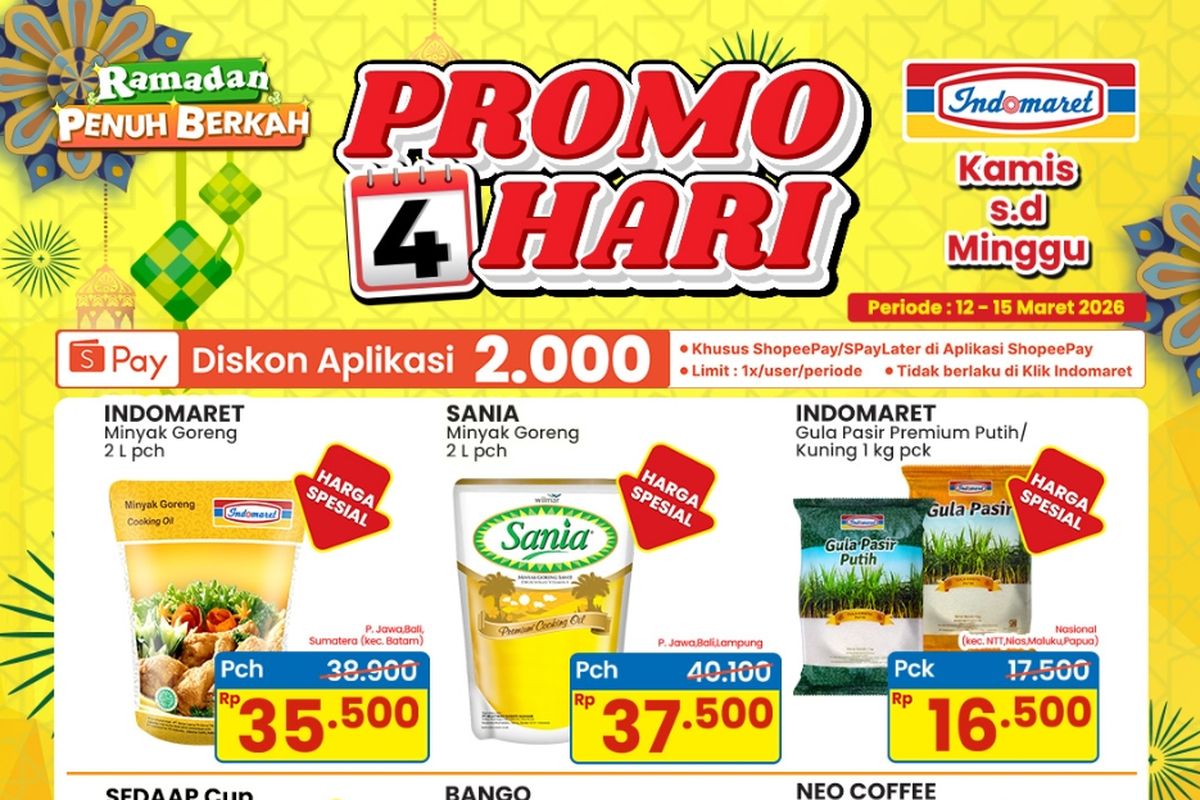 Promo Indomaret Hari Ini 13 Maret 2026, Promo Hemat Gula Pasir Mulai Rp 16.500, 1. Festival Ramadhan (12-18 maret 2026), 2. Festival Ramadhan 2 (12-18 Maret 2026), 3. Family weekend ( 13-15 Maret 2026), 5. Promo susu dan kelengkapan balita ( 5-18 Maret 2026)