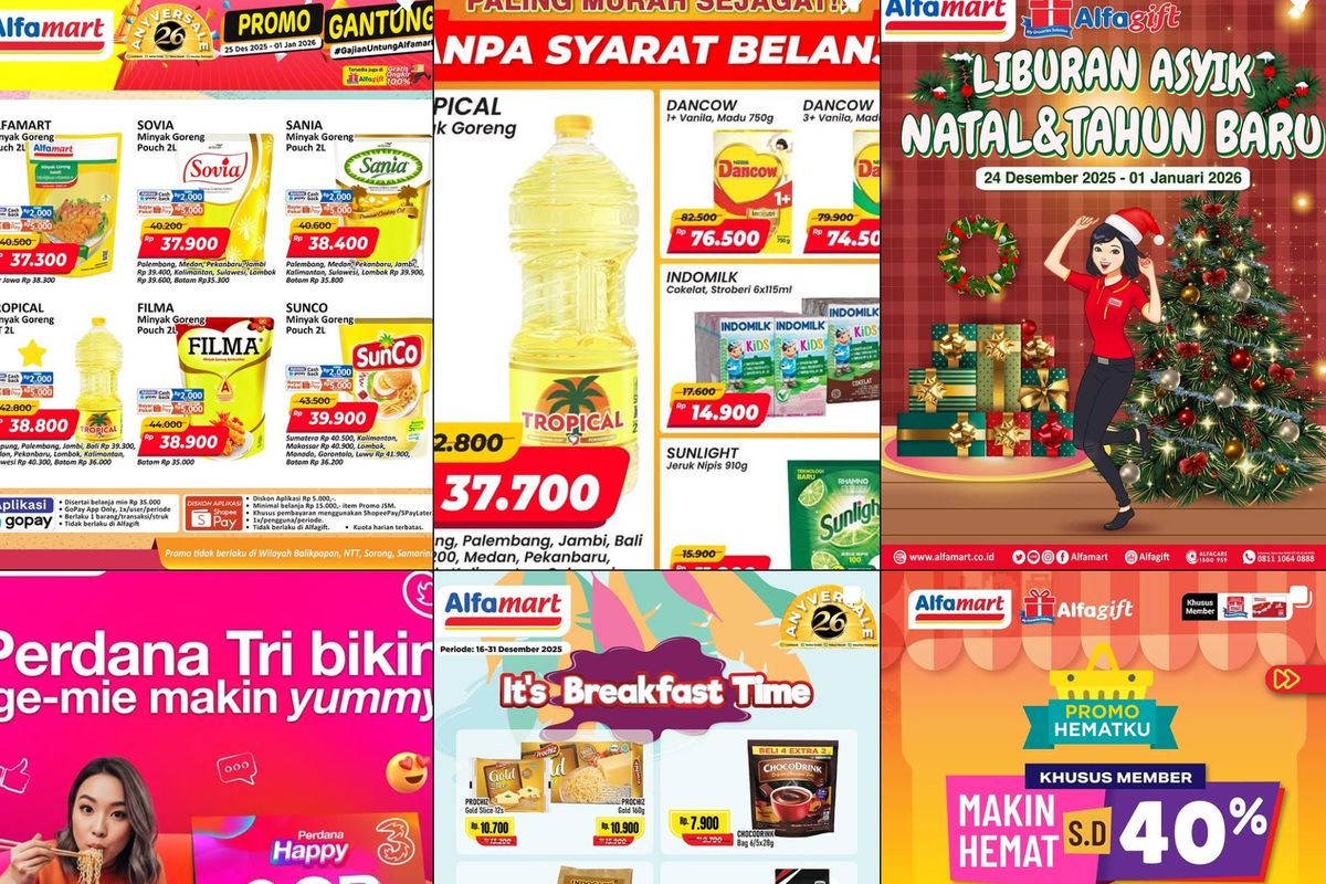 Alfamart, promo Alfamart, Promo Alfamart Hari Ini 31 Desember 2025, Minyak Goreng Tropical Rp 30.400, 1. Promo Gantung (hingga 1 Januari 2026), 2. Tanpa Syarat Belanja, 3. Personal Care Fair (hari ini terakhir), 4. Minyak Goreng Hemat (hingga 1 Januari 2026), 5. Liburan Asyik Natal dan Tahun Baru (hingga 1 Januari 2026), 6. Promo Tebus Murah (hari ini terakhir), 7. Dapur Year End Sale (hari ini terakhir)