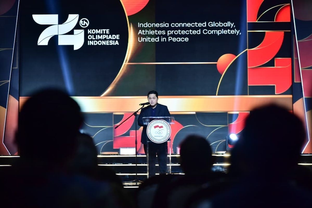 Menteri Pemuda dan Olahraga Republik Indonesia (Menpora RI) Erick Thohir saat menghadiri Rapat Anggota Komite Olimpiade Indonesia (KOI) 2026 di Hotel Fairmont, Jakarta, Sabtu (9/5/2026).
