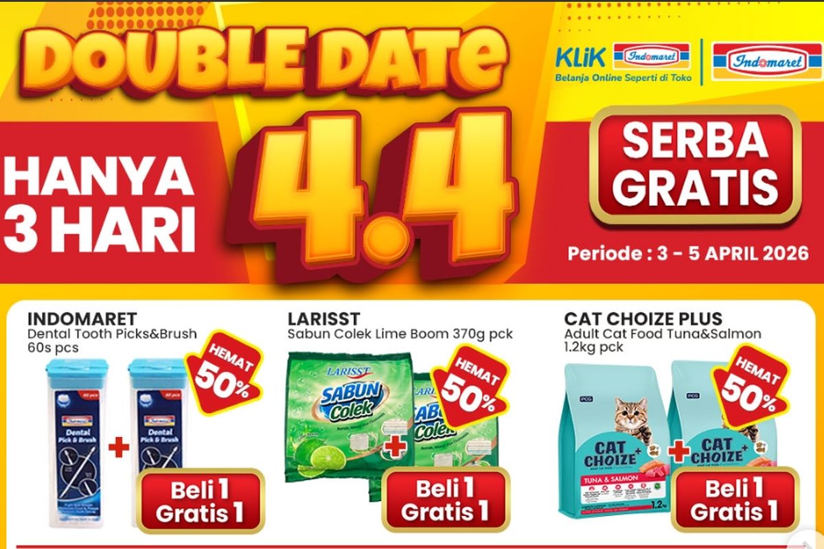 Indomaret, promo Indomaret, Promo Indomaret Hari Ini 5 April 2026, Ada Serba Gratis di Promo Double Date, 1. Harga Spesial (hingga 6 April), 2. Double Date 4.4 (hari ini terakhir), 3. PWP (hingga 8 April), 4. Promo 4 Hari (hari ini terakhir), 5. Hemat Minggu Ini (hingga 8 April), 6. Paling Murah (hingga 8 April), 7. Promo Double Date 4.4 (hari ini terakhir)