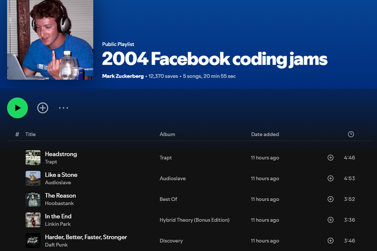 lagu, Facebook, Spotify, rock alternatif, Linkin Park, Mark Zuckerberg, Mark Zuckerberg Nostalgia, Pamer Playlist Lagu Lawas Saat Bikin Facebook