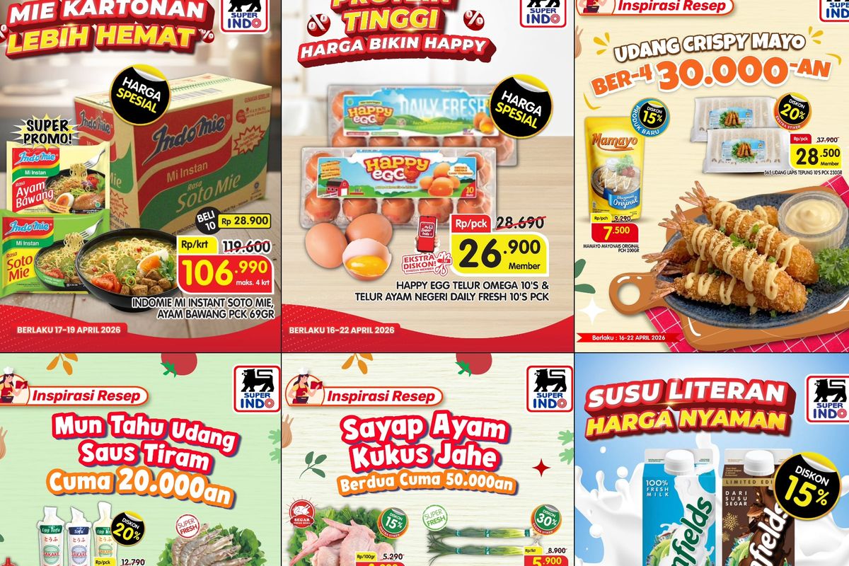 Superindo, diskon Superindo, promo Superindo, Promo Superindo Hari Ini 19 April 2026: Minyak Goreng, Gula Pasir, dan Mi Instan Harga Murah, 1. Pack Besar Diskon Besar (hingga 22 April), 2. Ambil dan Isi Sepuasnya Udang (hingga 29 April), 3. Ambil dan Isi Sepuasnya Bawang Merah (hari ini terakhir), 4. Gula Pilihan Harga Andalan (hari ini terakhir), 5. Protein Tinggi Harga Bikin Happy (hingga 22 April), 6. Mi Kartonan Lebih Hemat (hari ini terakhir), 7. Serba Ayam Segar Diskon Spesial (hingga 22 April), 8. Minyak Goreng Andalan (hingga 19 April), 9. Minyak Goreng Paling Murah (hari ini terakhir), 10. Mie Beli Banyak Lebih Hemat (hingga 22 April 2026)