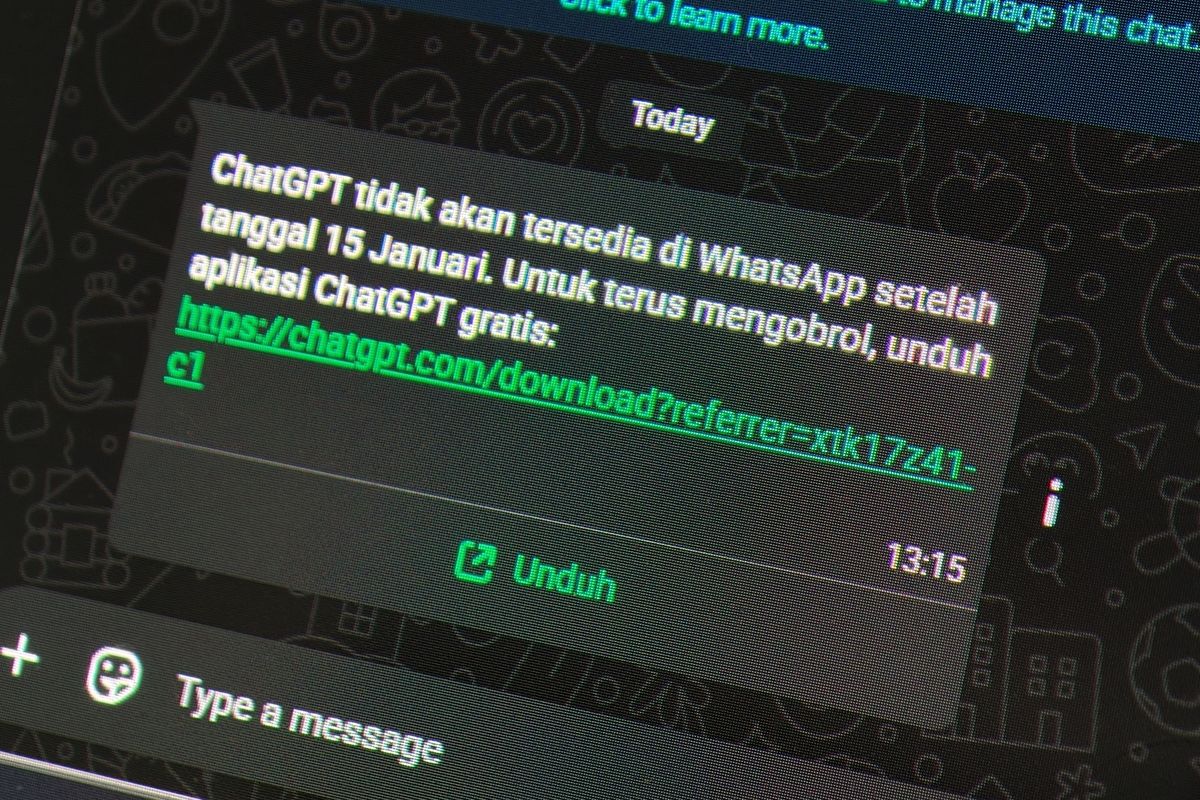WhatsApp, pesan, ChatGPT, OpenAI, link download, Saya Dapat Pesan ChatGPT Pamitan dari WhatsApp Disertai Link, Asli atau Penipuan?
