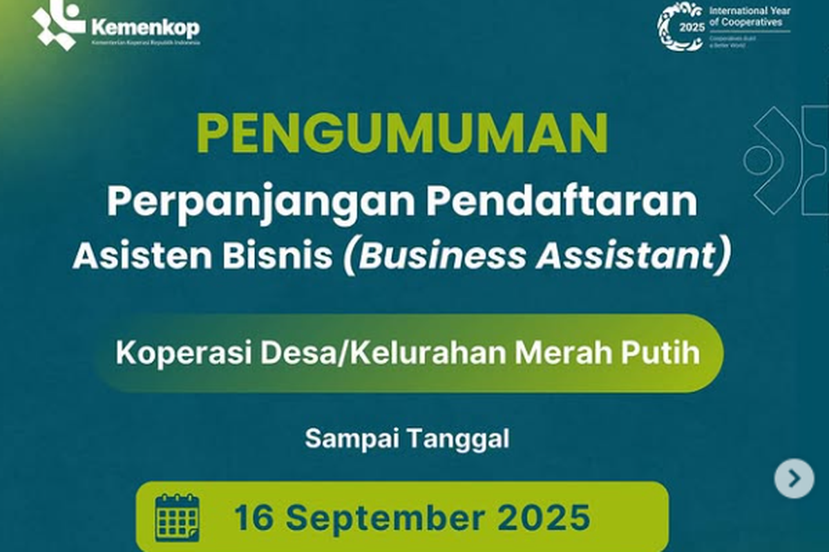 kemenkop, Koperasi Desa Kelurahan Merah Putih, lowongan kemenkop, lowongan Kemenkop 2025, asisten bisnis, Lowongan Kemenkop 2025, 8.000 Asisten Bisnis Koperasi, Gaji Rp 7,25 Juta, Tugas Asisten Bisnis Kemenkop 2025, Jalur Pendaftaran, Syarat Umum Pelamar, Dokumen yang Wajib Disiapkan, Jadwal Seleksi Lowongan Kemenkop 2025