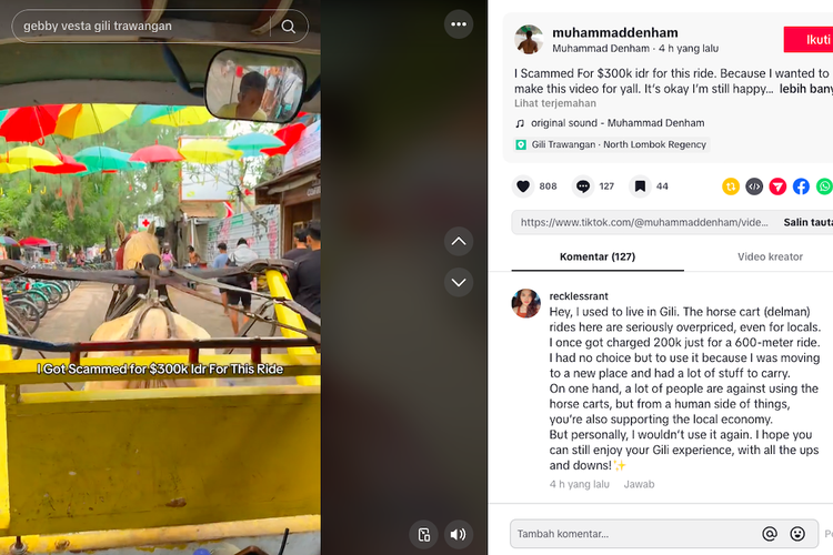 turis asing naik cidomo, cidomo Gili Trawangan, tarif cidomo Gili Trawangan, harga cidomo Gili Trawangan, Turis Asing Merasa Ditipu Naik Cidomo Rp 300.000, Netizen Jelaskan Itu Harga Normal