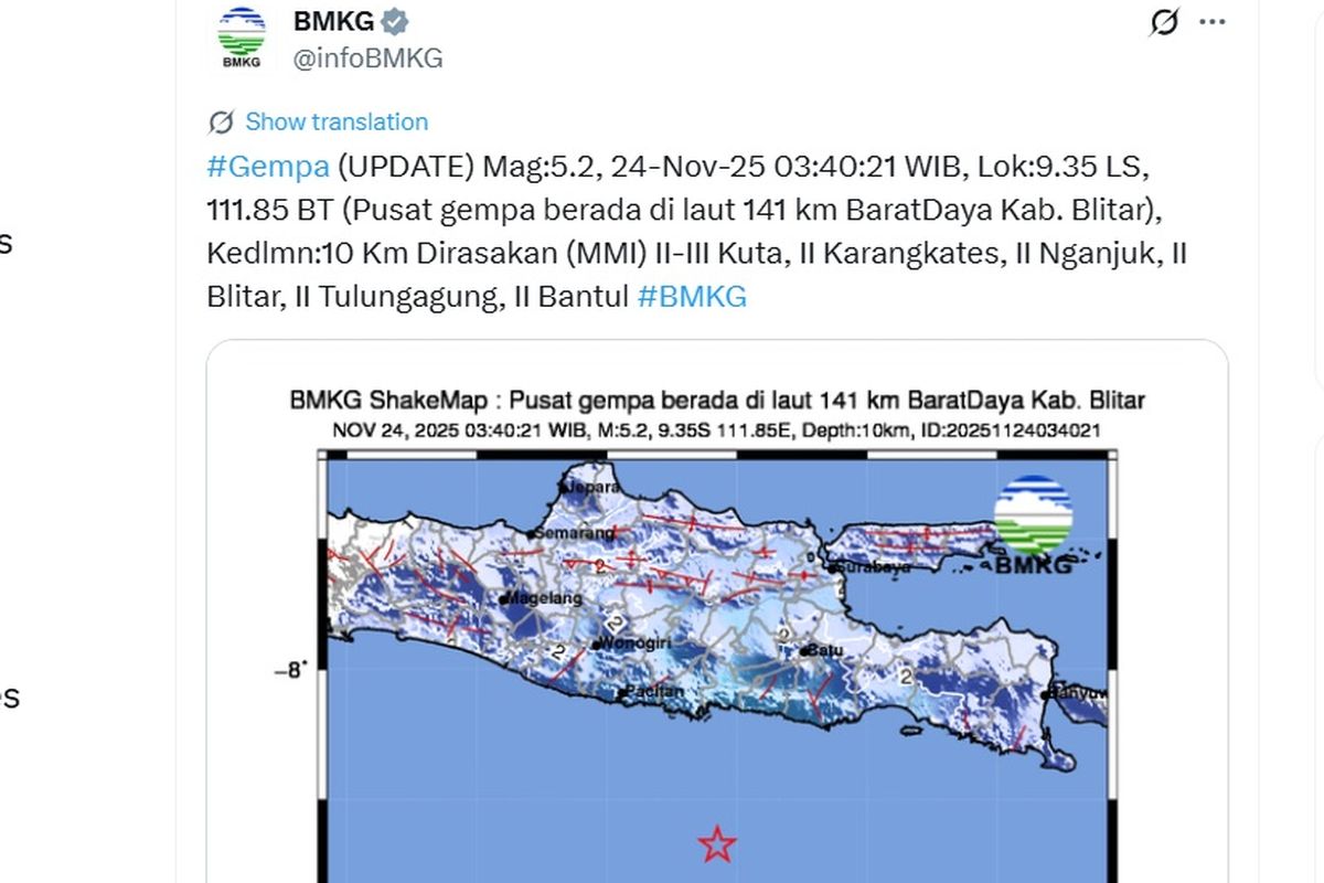 BMKG, gempa bumi, gempa hari ini, gempa yogyakarta, gempa blitar, gempa blitar hari ini, gempa tulungagung, blitar jawa timur, Gempa Magnitudo 5,2 Guncang Blitar, Terasa hingga Bali dan Yogyakarta
