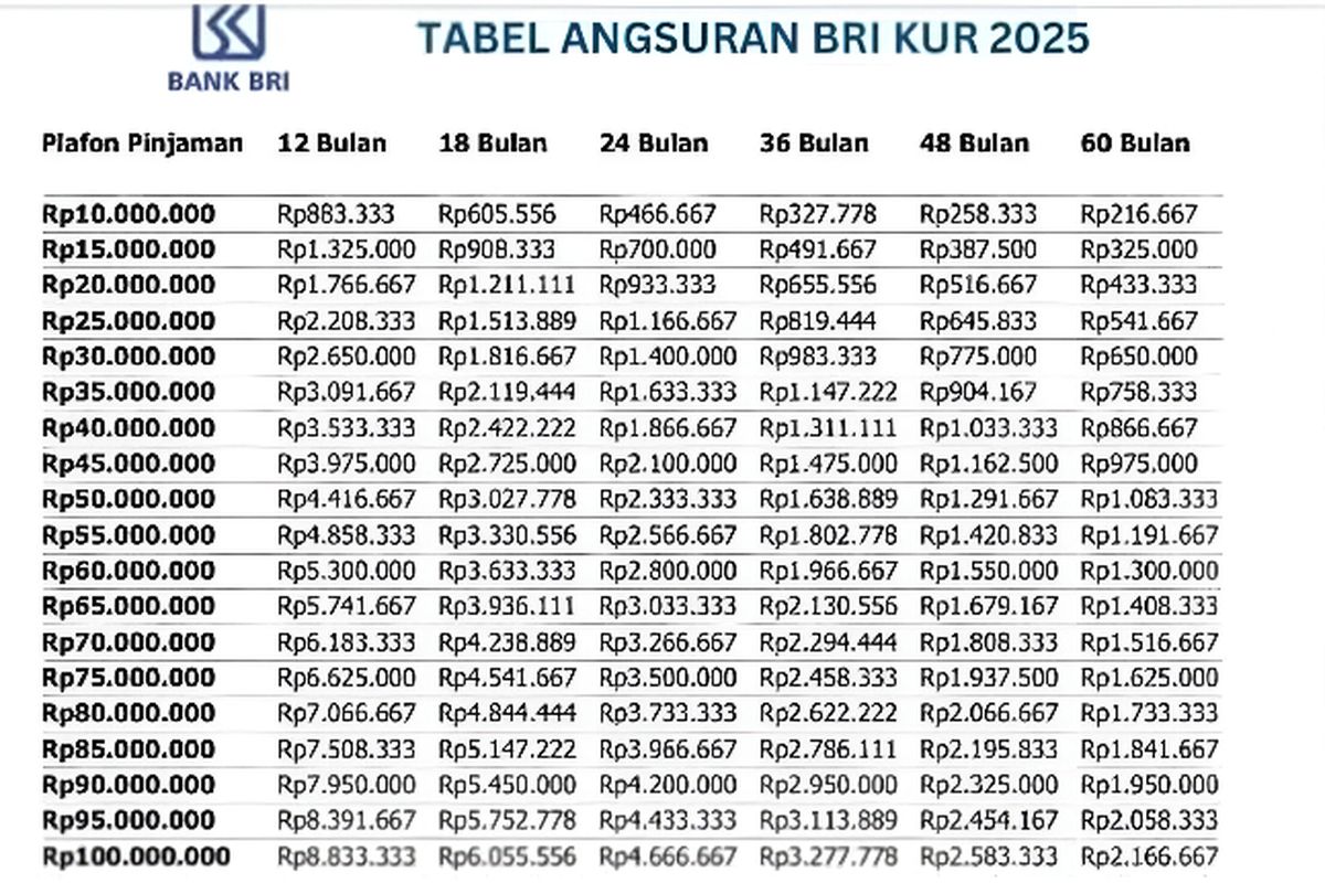KUR BRI 2025, tabel angsuran KUR BRI 2025, tabel KUR BRI 2025, Simak Tabel Angsuran KUR BRI 2025: Plafon, Tenor, dan Cara Pengajuan