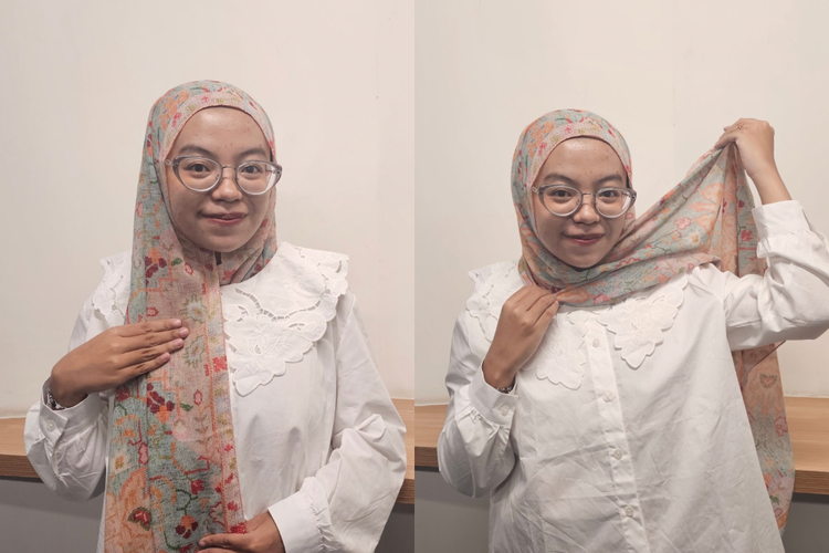 Tutorial Hijab Pashmina Belakang Menjuntai Depan Rapi, Cocok untuk Lebaran, Mulai dengan salah satu sisi lebih panjang, Masukkan sisi pendek ke dalam baju, Lilit sisi panjang ke atas kepala, Rapikan bagian atas dan belakang, Look pashmina belakang menjuntai, depan rapi, Sesuaikan volume sesuai kebutuhan, Pilih motif dan warna yang mendukung