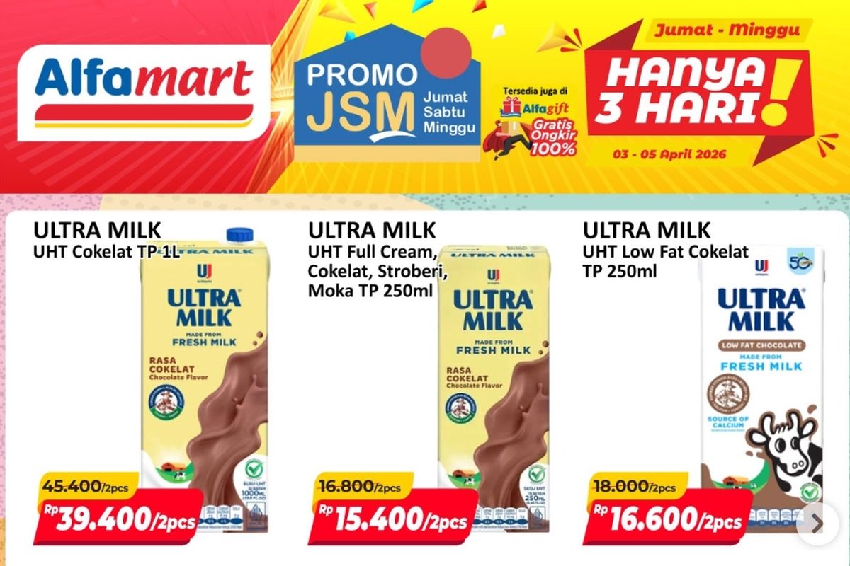 Alfamart, promo Alfamart, Promo Alfamart Hari Ini 5 April 2026, Susu Masih Harga Murah di Promo JSM, 1. Paling Murah Sejagat (hingga 7 April), 2. Tebus Suka Suka (hingga 15 April), 3. Promo Paskah (terakhir hari ini), 4. Promo JSM (hingga Minggu)