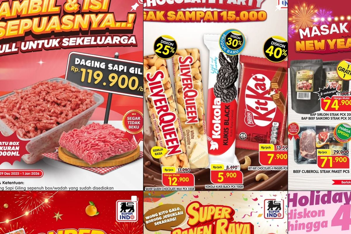 Promo Superindo, Superindo, Promo Superindo Hari Ini 31 Desember 2025, Sembako Harga Murah Akhir Tahun, 1. Sembako Murah Stok Akhir Tahun (hingga 1 Januari), 2. Super Bazaar 2025, 3. Ambil dan Isi Sepuasnya Daging Giling, 4. Stay Fresh to End the Year, 5. Party Pack Tahun Baru, 6. Kumpul Makin Seru Sambut Tahun Baru, 7. Dairy Party (hari ini terakhir), 8. Masak Set Set New Year Party