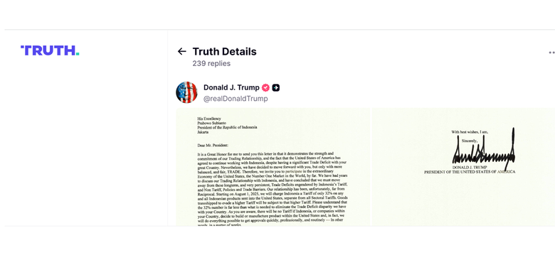 Trump, Indonesia, Truth Social, tarif impor, trump, truth social, Trump Kenakan Tarif Impor Indonesia 32 Persen, Diumumkan di Medsos Truth Social