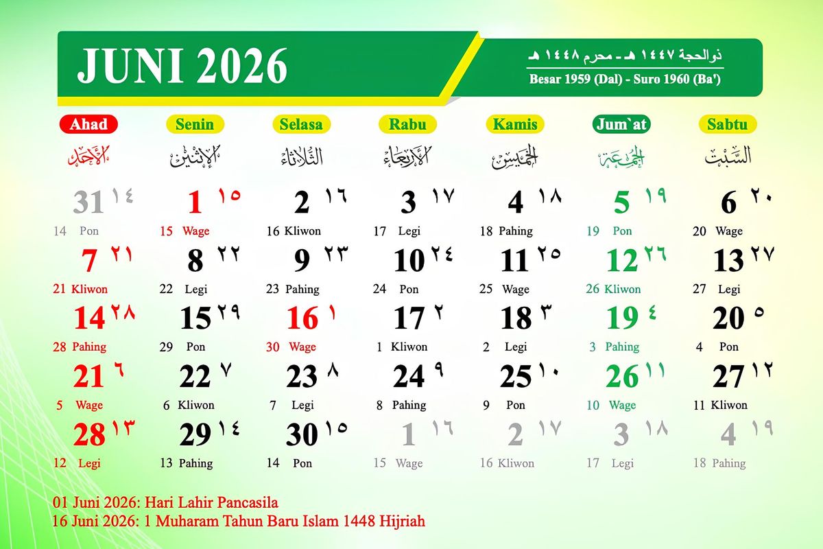 kalender Juni, kalender Juni 2026, Kalender Juni 2026 Lengkap dengan Tanggal Merah, Cuti Bersama, dan Hari Penting, Tanggal merah Juni 2026, Cuti bersama Juni 2026, Long weekend Juni 2026, Hari penting Juni 2026, Cara memanfaatkan kalender Juni 2026