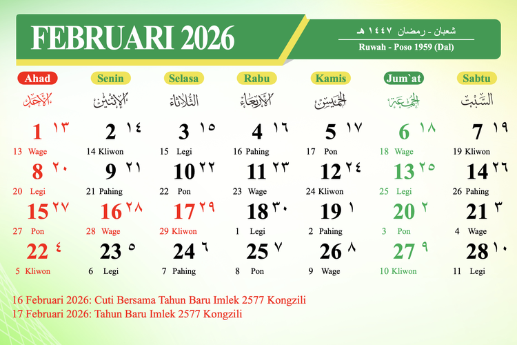 Kalender Februari 2026, Daftar Tanggal Merah dan Cuti Bersama Februari 2026, Ada Satu Long Weekend